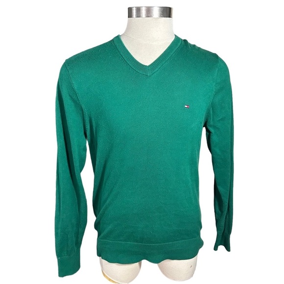Tommy Hilfiger 100% Pima Cotton Green V-Neck Pullover Sweater Sz XL Flag Logo - Picture 1 of 13